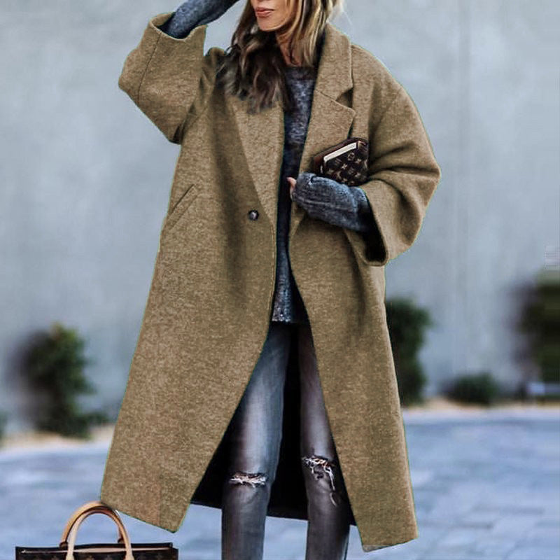 Autumn And Winter Long Woolen Color Temperament Commute No Belt Lapel Loose Woolen Green Coat