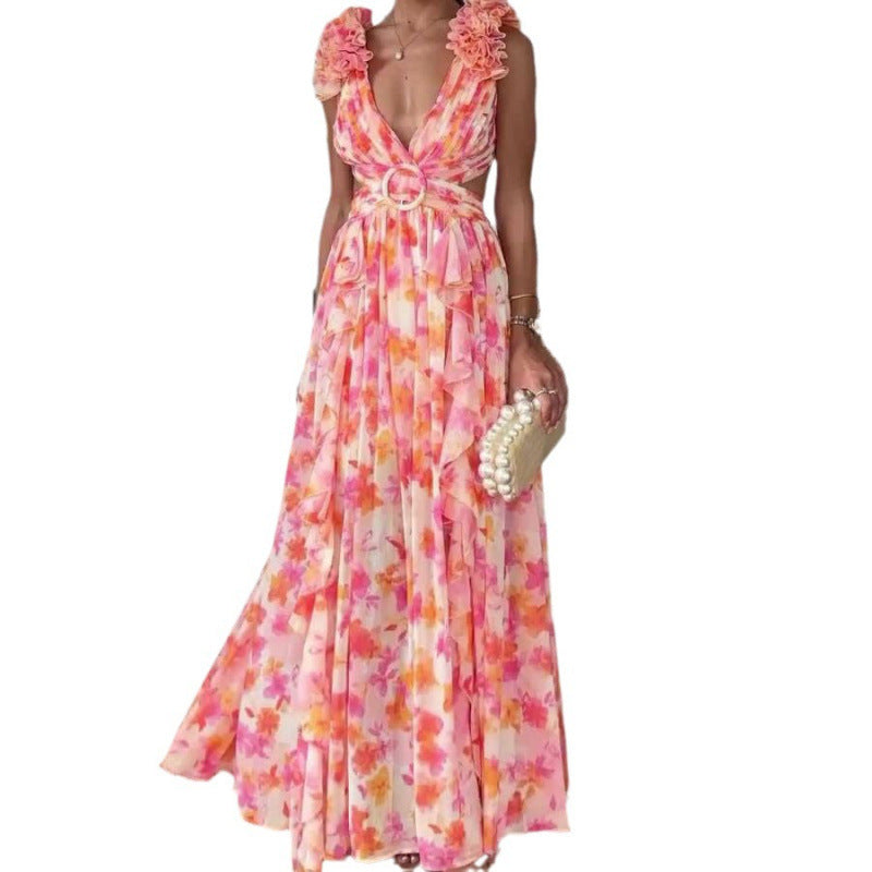 Autumn European And American Fashion Casual Home Floral Backless Dress Women