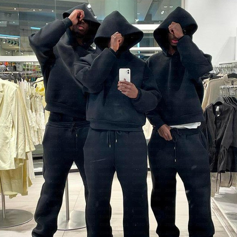 Casual Simple Couple Fashion Hoodie Solid Color Loose Sweater Sweatpants