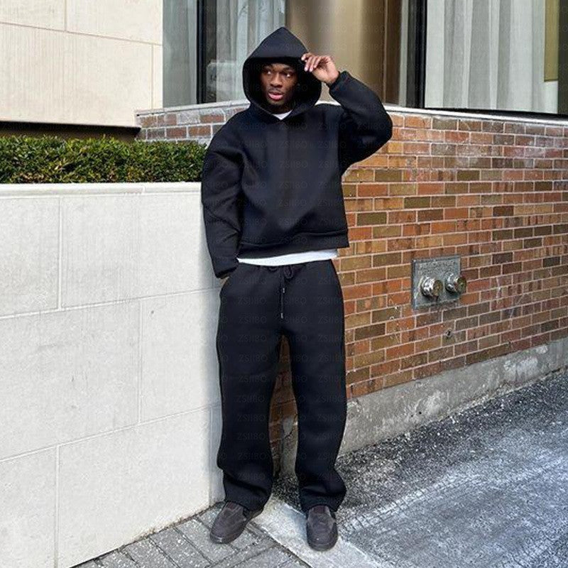 Casual Simple Couple Fashion Hoodie Solid Color Loose Sweater Sweatpants