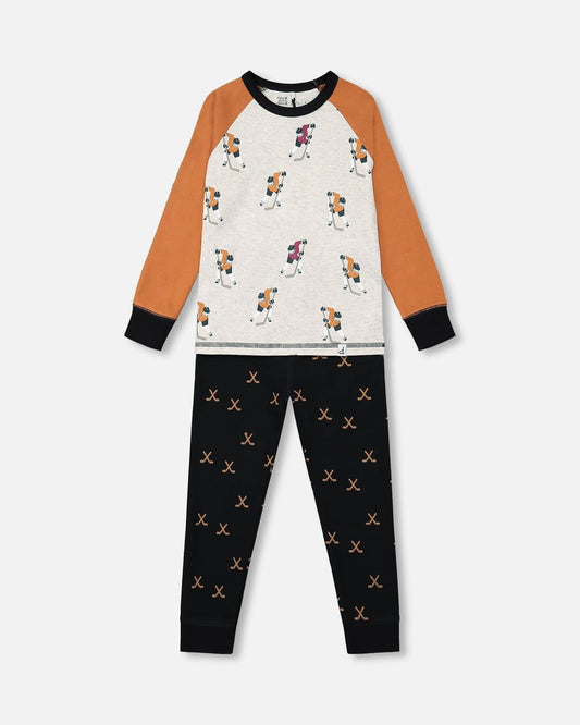 Organic Cotton Printed Hockey Players Two Piece Pajama Set Black-0