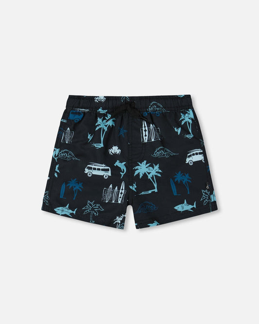 Printed Swim Trunks Light Blue Beach On Black-0