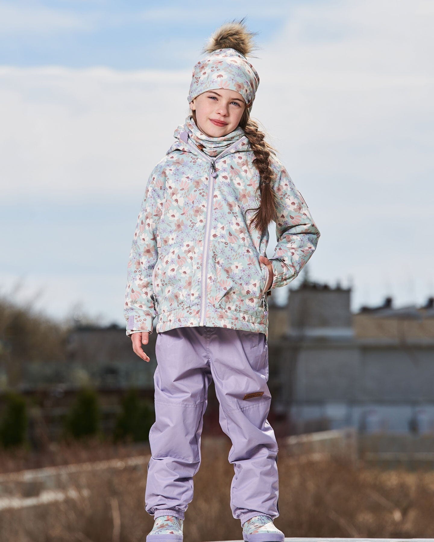Printed Jacket Two-Piece Mid-Season Outerwear Set Small White Flowers On Turquoise And Lilac.-3