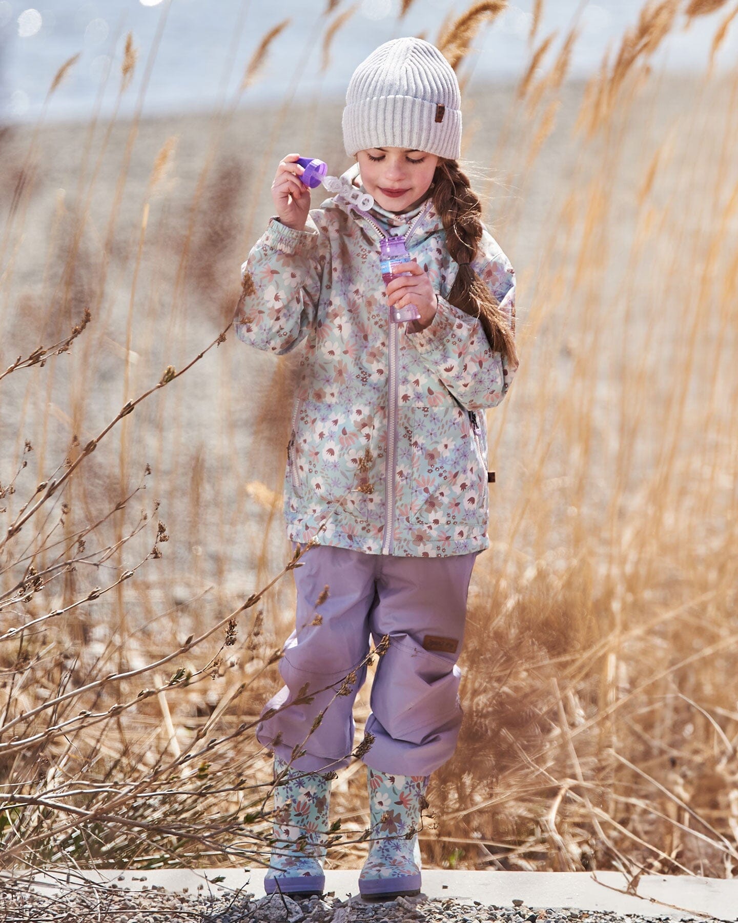 Printed Jacket Two-Piece Mid-Season Outerwear Set Small White Flowers On Turquoise And Lilac.-1